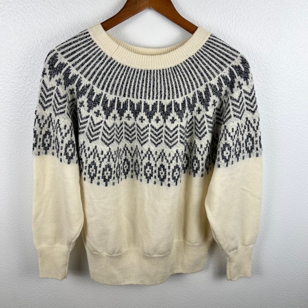Fair Isle Knit Sweater Womens XL Cream 100% Wool Nordic Pullover Knit Layering